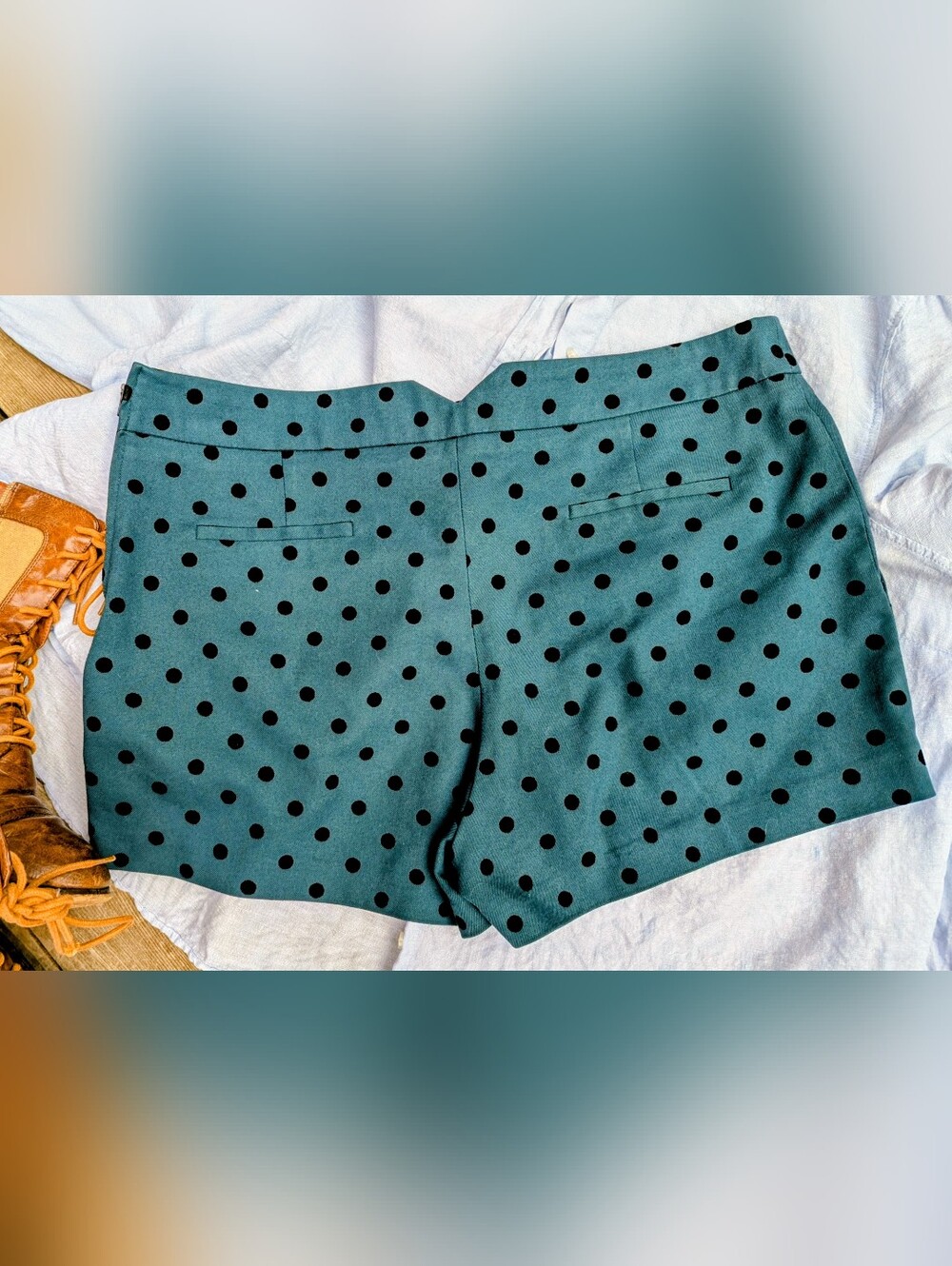 NAF NAF Teal Flocked Polka Dot Shorts EU 44 | Retro French Chic